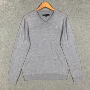 Travis Mathew Sweater Men's Large Gray Merino Wool Blend V Neck Golf Embroidered